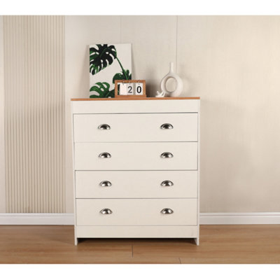 White & Pine Chest Of 4 Drawers Wooden Oak Storage Organiser