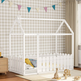 White Pine Wood House Toddler Children Bed Frame with Fence and Roof W 1990mm