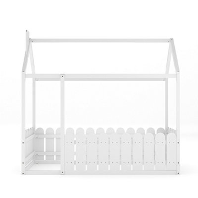 White Pine Wood House Toddler Children Bed Frame with Fence and Roof W 1990mm
