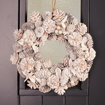 White Pinecone Xmas Decoration Christmas Door Wreath 30cm