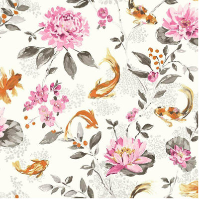 White Pink Floral Wallpaper Koi Carp Fish Water Lilies Metallic Paste The Wall