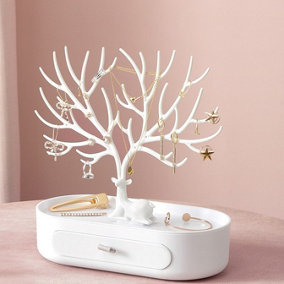 White Plastic Antlers Tree Jewelry Organizer Stand with 1 Drawer
