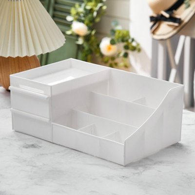 White Plastic Countertop Cosmetic Organizer Makeup Storage Box with Drawer Large