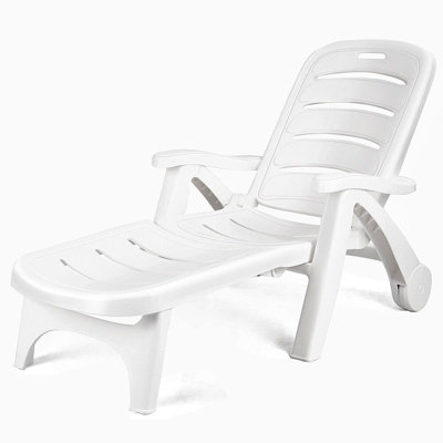 White Plastic Outdoor Pool Garden Foldable Adjustable Lounger Chair With Wheels - 3