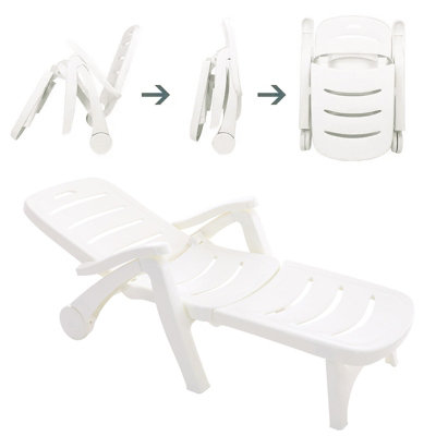 White Plastic Outdoor Pool Garden Foldable Adjustable Lounger Chair With Wheels - 4