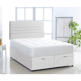 White  Plush Foot Lift Ottoman Bed With Memory Spring Mattress And  Horizontal  Headboard 3FT Single