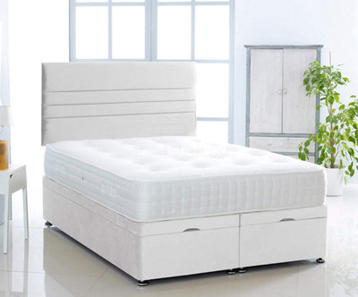 White  Plush Foot Lift Ottoman Bed With Memory Spring Mattress And   Horizontal   Headboard 4.0FT Small Double