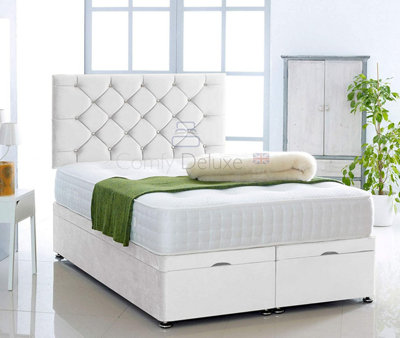 White Plush Foot Lift Ottoman Bed With Memory Spring Mattress And  Studded Headboard 2FT6 Small Single