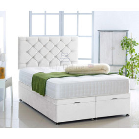 White Plush Foot Lift Ottoman Bed With Memory Spring Mattress And Studded Headboard 6.0 FT Super King