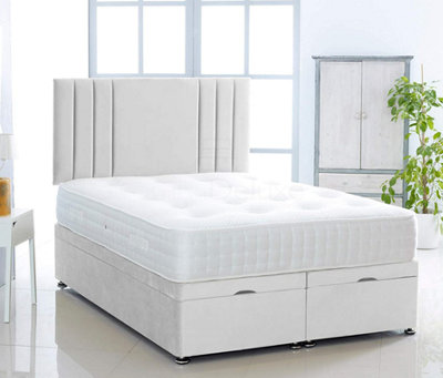 White Plush Foot Lift Ottoman Bed With Memory Spring Mattress And Vertical Headboard 2FT6 Small Single