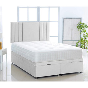 White  Plush Foot Lift Ottoman Bed With Memory Spring Mattress And   Vertical   Headboard 4.0FT Small Double