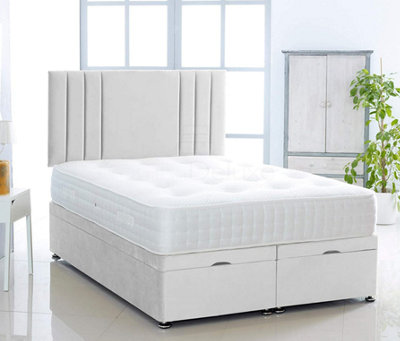 White  Plush Foot Lift Ottoman Bed With Memory Spring Mattress And    Vertical   Headboard 4FT6 Double