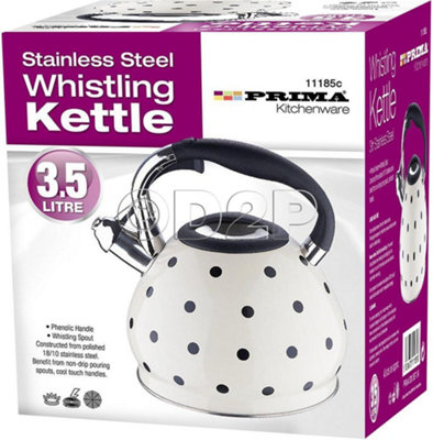 White Polka Dot Litre Whistling Kettle Stainless Steel Tea Coffee Travel 3.5L