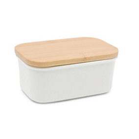 White Porcelain Butter Dish With Bamboo Lid