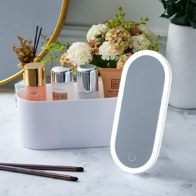 White Portable Tabletop Vanity Travel Makeup Box Cosmetics Storage with Touch Control LED Mirror