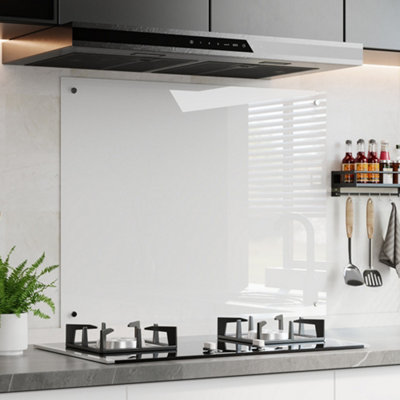 White Pre-Drilled Tempered Glass Splashback for Cookers, 90cm W x 70cm D