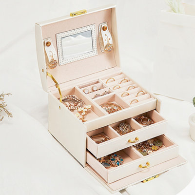 White PU Leather Jewellery Box with Mechanism Key Lock and 2 Drawers