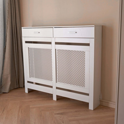 White Radiator Cover With Storage Draw Lattice Diamond Medium