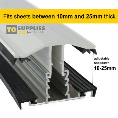 White Rafter Supported TGlaze Snapdown Glazing Bar for 10, 16 and 25mm Polycarbonate Roofing Sheets 3m