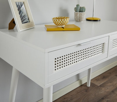 White Rattan Style Console Table Desk with Convenient Drawers