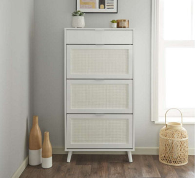 White Rattan Style Shoe Storage Cabinet with Dropdown Doors & Drawer