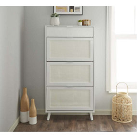 White Rattan Style Shoe Storage Cabinet with Dropdown Doors & Drawer