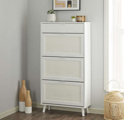 White Rattan Style Shoe Storage Cabinet with Dropdown Doors & Drawer