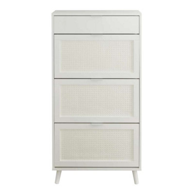 White Rattan Style Shoe Storage Cabinet with Dropdown Doors & Drawer - 3