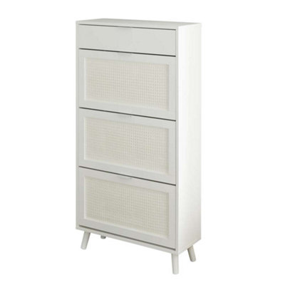 White Rattan Style Shoe Storage Cabinet with Dropdown Doors & Drawer - 4