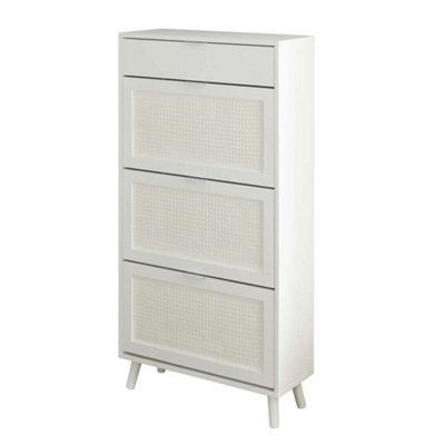 White Rattan Style Shoe Storage Cabinet with Dropdown Doors & Drawer