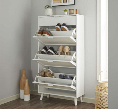 White Rattan Style Shoe Storage Cabinet with Dropdown Doors & Drawer - 5