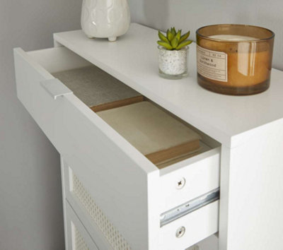 White Rattan Style Shoe Storage Cabinet with Dropdown Doors & Drawer - 6