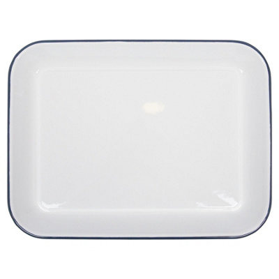 White Rectangle Enamel Baking Tray - 34cm x 26cm - Blue