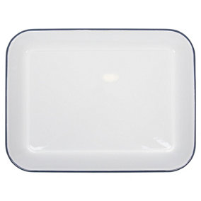White Rectangle Enamel Baking Tray - 34cm x 26cm - Blue