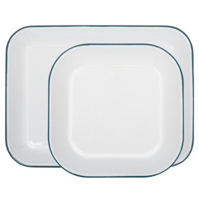 White Rectangle Enamel Baking Tray Set - Green