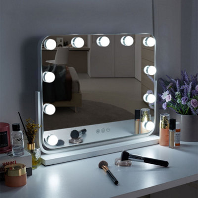 Clevich Hollywood Makeup Mirror with Lighting 58 x 46 cm, Vanity Mirror with 15 LED Lamps Dimmable, 3 Modes, Adjustable Intensity, Touch Control, USB Port, Magnifying Accessory Included, White