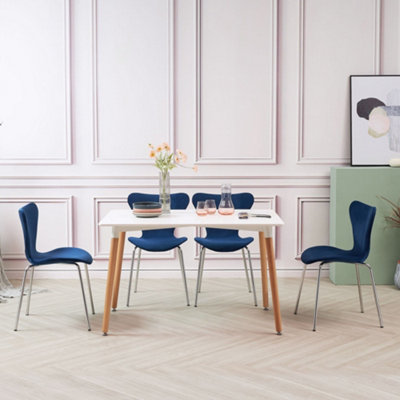 White Rectangular Dining Table with 4 pcs of Navy Velvet Stackable Chairs