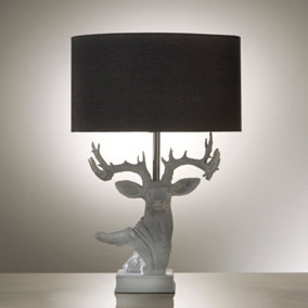 White Resin Stag Table Lamp with Sculptured Antlers with Grey Table Lamp Shade