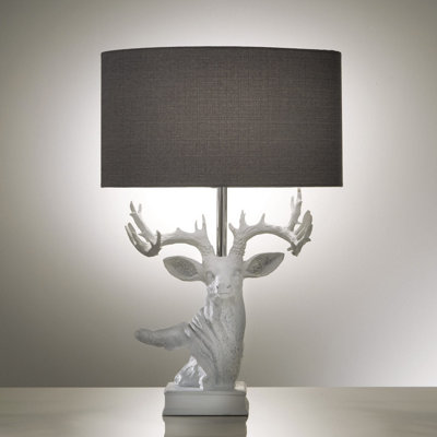 White Resin Stag Table Lamp with Sculptured Antlers with Grey