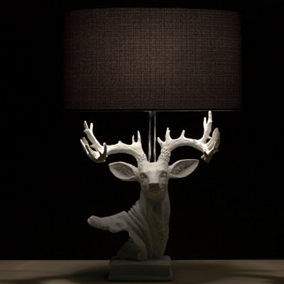 White Resin Stag Table Lamp with Sculptured Antlers with Grey Table Lamp Shade
