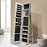 White Rotary Jewellery Armoire with Mirror Floor Standing Lockable Storage
