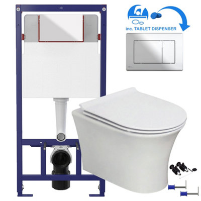 White Round Modern Rimless Wall Hung Pan & Soft Close Seat Bathroom Toilet & 1.12m Concealed WC Cistern Frame Set Chrome Square