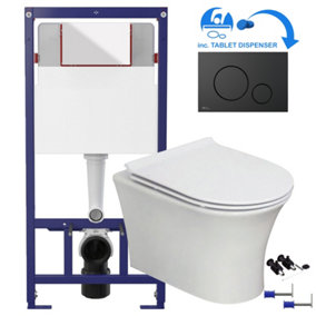 White Round Modern Rimless Wall Hung Pan & Soft Close Seat Bathroom Toilet & 1.12m Concealed WC Cistern Frame Set
