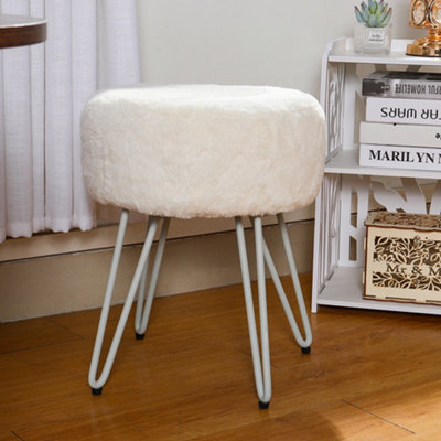 White Round Plush Cute Makeup Dressing Table Stool with Padded Steel Legs