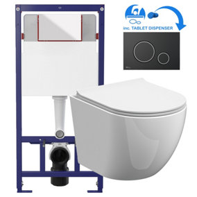 White Round Rimless Wall Hung Pan & Soft Close Seat Toilet & Flush Plate Set-Black Chrome