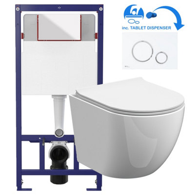 White Round Rimless Wall Hung Pan & Soft Close Seat Toilet & Flush Plate Set-Gloss White