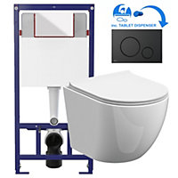 White Round Rimless Wall Hung Pan & Soft Close Seat Toilet & Flush Plate Set-Matt Black