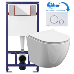 White Round Rimless Wall Hung Pan & Soft Close Seat Toilet & Flush Plate Set-Matt White