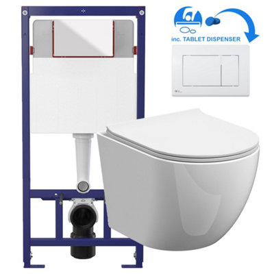 White Round Rimless Wall Hung Pan & Soft Close Seat Toilet & Flush Plate Set-White Square