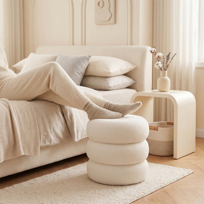 White Round Teddy Fleece Upholstered Footstool, 34cm Dia. x 36cmH